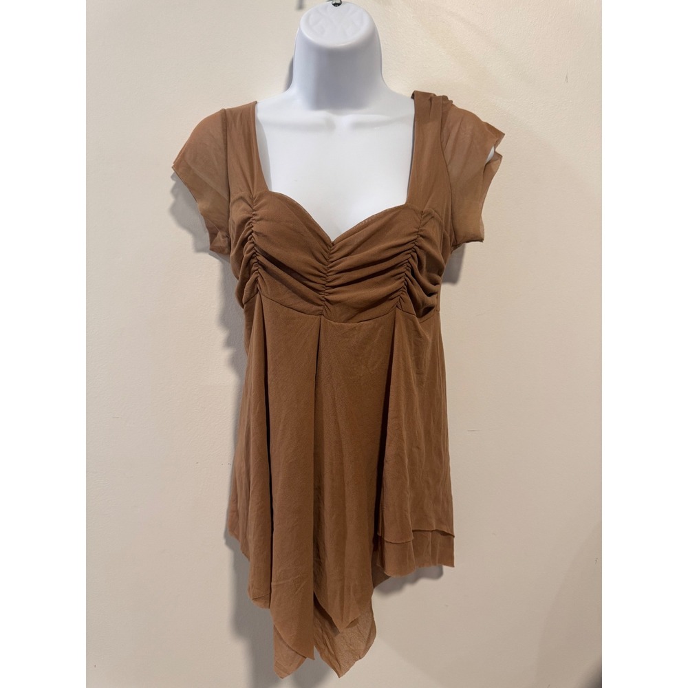 Sweet Pea by Stacy Frati Sheer Ruched Brown Babydoll Top L Mesh FairyGrunge Y2K
